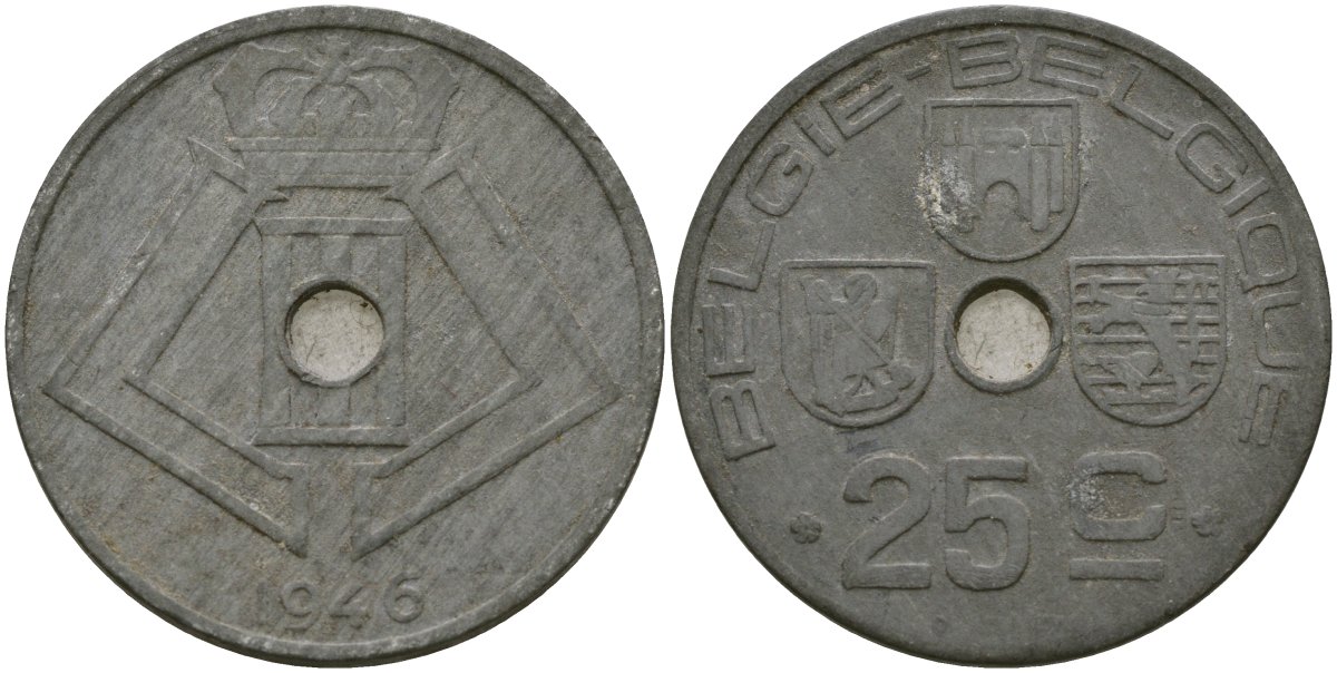 Бельгия 25 сантимов 1946 BELGI? - BELGIQUE KM 132 цинк 4132-237
