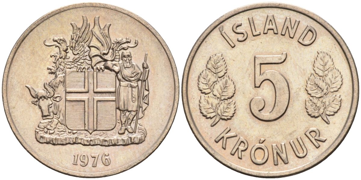 Исландия 5 крон 1976 KM 18 медно-никель UNC 4124-762