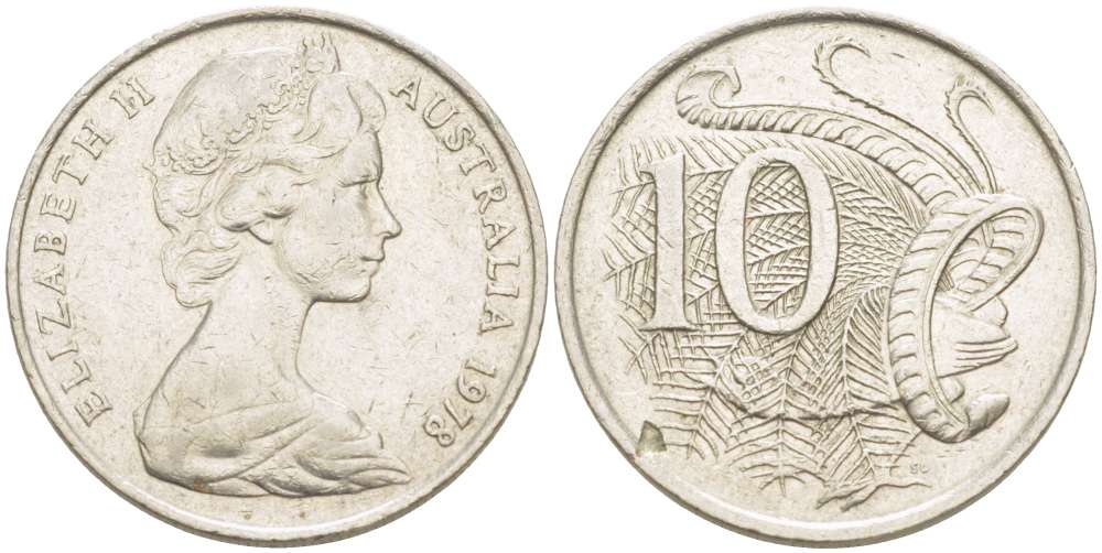 Австралия 10 центов 1978 Елизавета II (1952-), птица лирахвост KM 65 медно-никель 4519-421