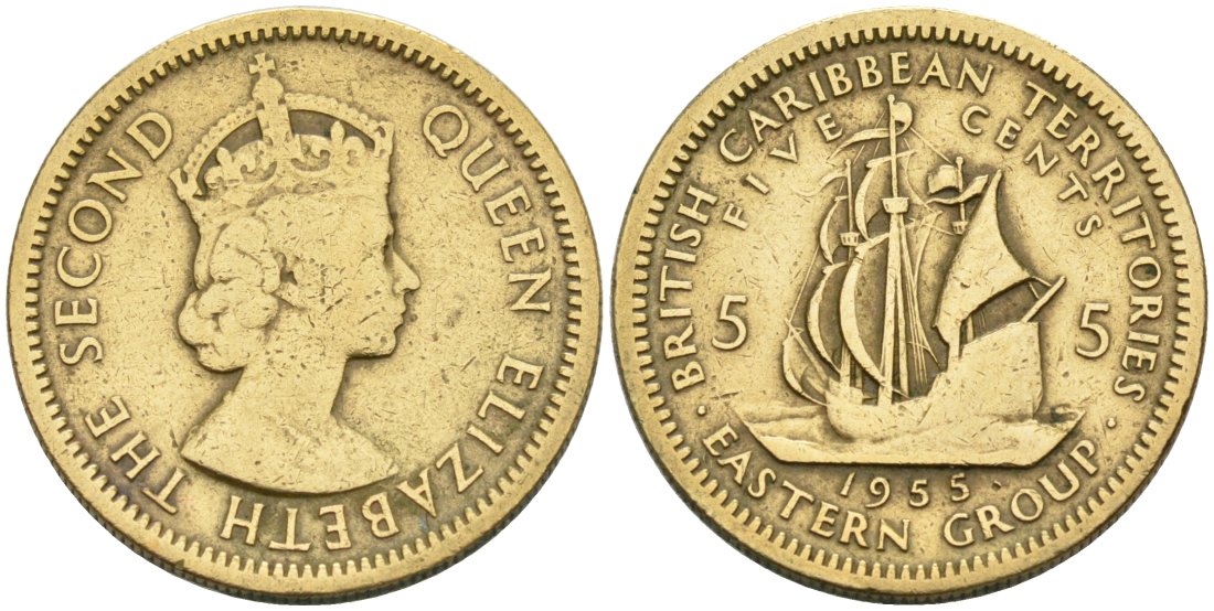 Британские Восточно-Карибские территории 5 центов 1955 Елизавета II (1952-2022), парусник KM 4 никель латунь 4566-942
