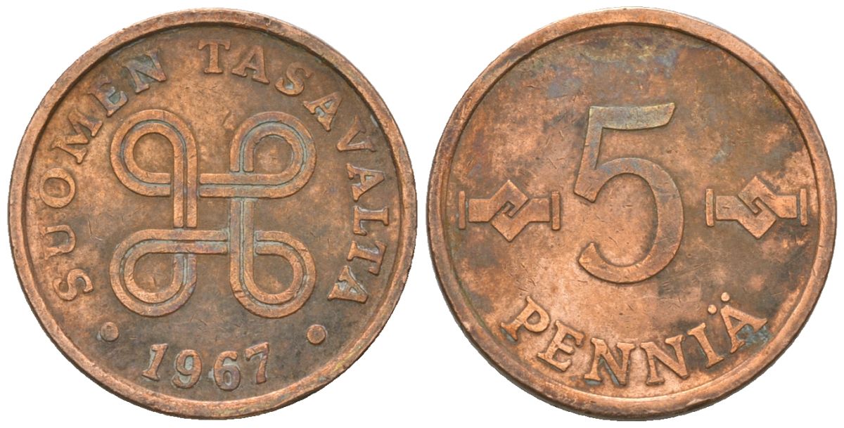 Финляндия 5 пенни 1967 KM 45 медь 4174-825