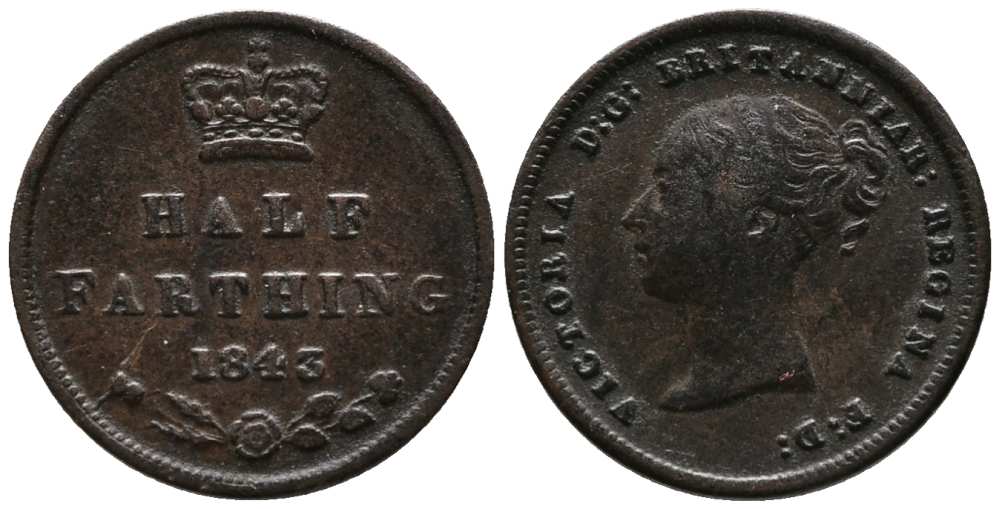 Великобритания 1/2 фартинга 1843 Виктория (1837-1901) KM 738, Spink 3951 медь 1518-1021