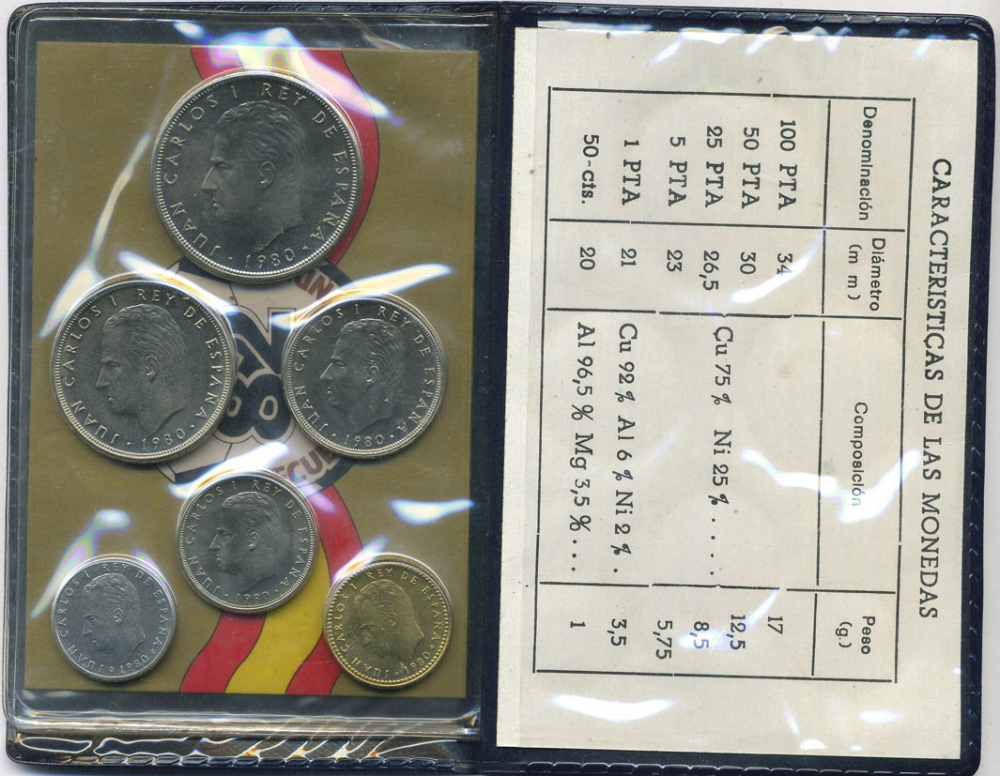 Испания официальный набор из 6 монет (50 сентимов; 1, 5, 25, 50 и 100 песет) 1980 чемпионат мира по футболу в Испании 1982 года KM MS11 (815, 816, 817, 818, 819 и 820)  UNC 5-4-3-69
