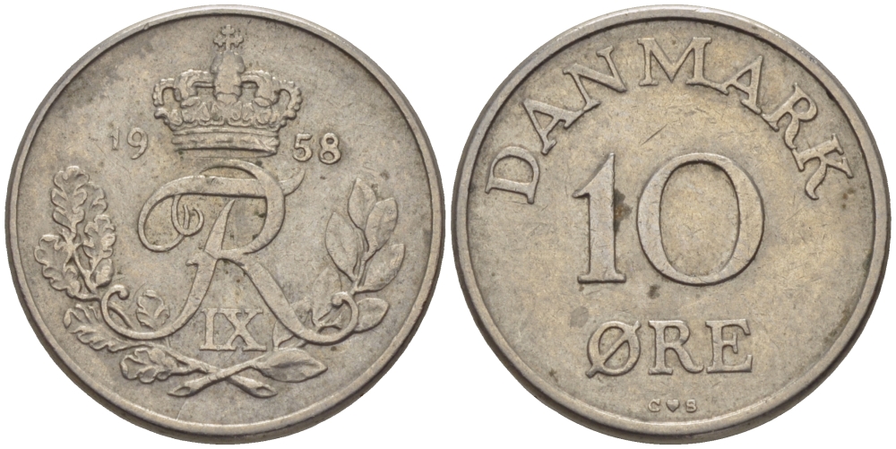 ДАНИЯ 10 ЭРЕ 1958 C; S, ФРЕДЕРИК IX (1947-1972) КМ 841.2 медно-никель 100-261