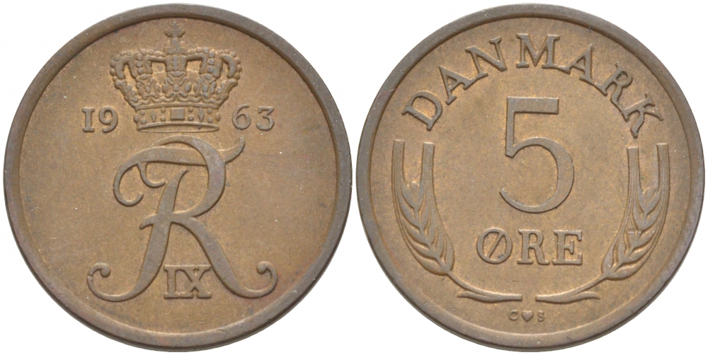 ДАНИЯ 5 ЭРЕ 1963 C; S, ФРЕДЕРИК IX (1947-1972) KM 848.1 бронза 4402-1221