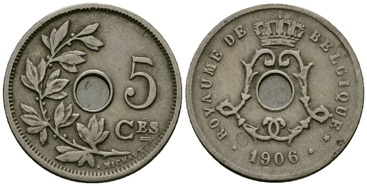 Бельгия 5 сантимов 1906 Belgique KM 54 медно-никель 4173-424