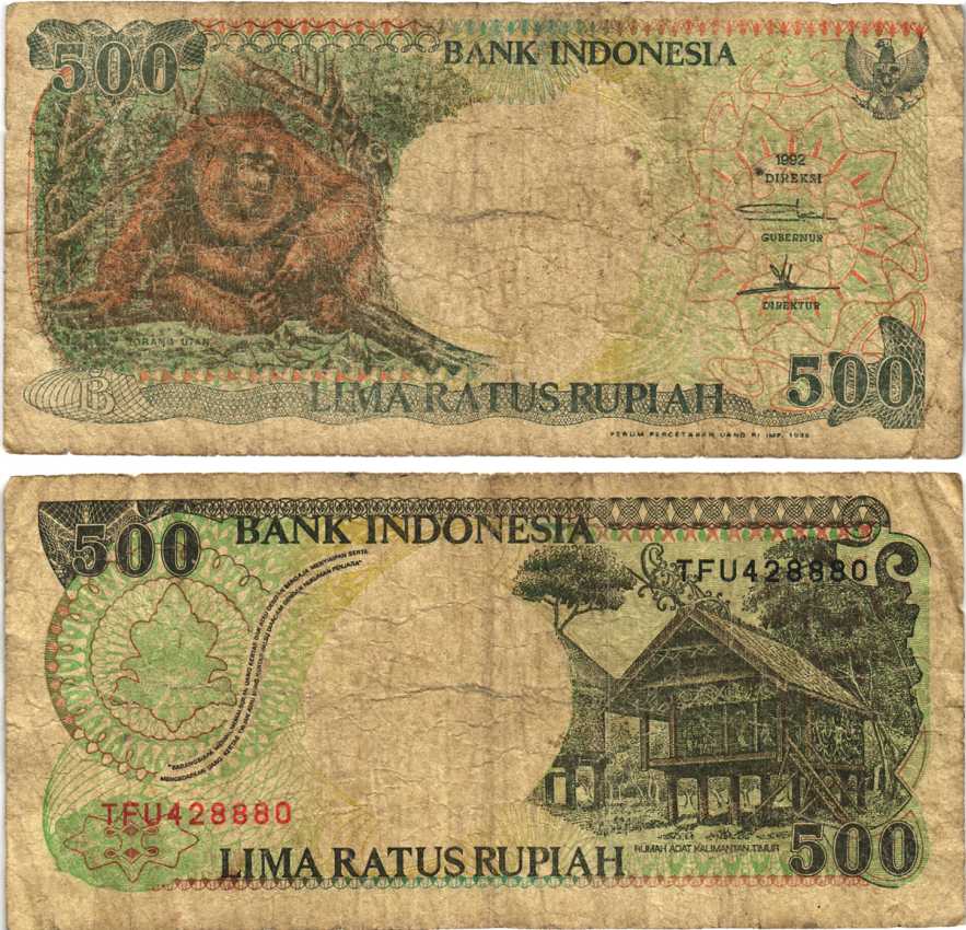ИНДОНЕЗИЯ 500 РУПИЙ 1992/1996 ОРАНГУТАН, КАЛИМАНТАНСКИЙ ДОМ Pick 128e бумага 7217-25-3-2
