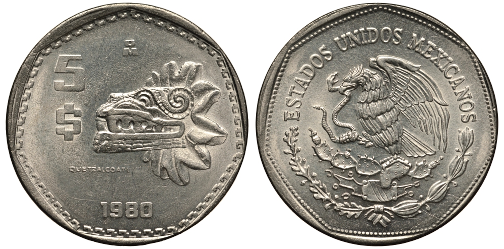 МЕКСИКА 5 ПЕСО 1980 АЦТЕКСКАЯ СКУЛЬПТУРА, ПЕРНАТЫЙ ЗМЕЙ КЕТЦАЛЬКОАТЛЬ KM 485 медно-никель XF- 215-732
