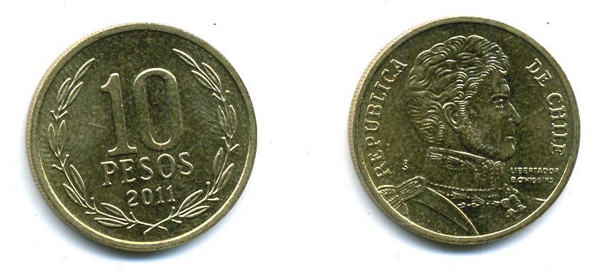 ЧИЛИ 10 ПЕСО 2011 ГЕНЕРАЛ БЕРНАРДО О ХИГГИНС KM 228.2 никель-бронза 37-1135