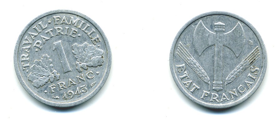 ФРАНЦИЯ 1 ФРАНК 1943 LB, ТИП LEGERE, ПРАВИТЕЛЬСТВО ВИШИ KM 902.1, LE FRANC 223.3 алюминий 54-1237