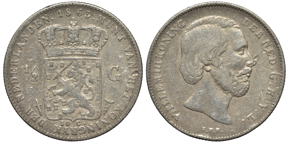 Нидерланды 1/2 гульдена 1863 Виллем III (1849-1890) KM 92 серебро 443-631