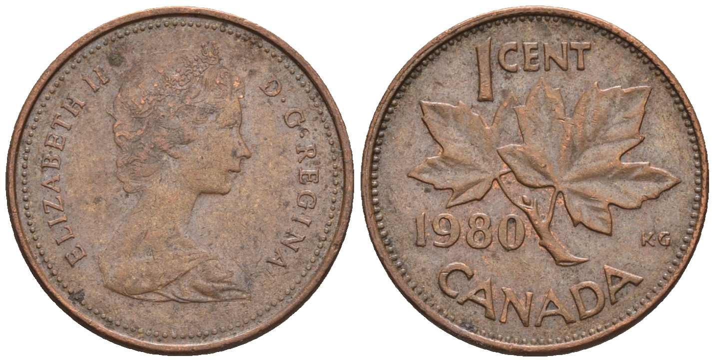 Канада 1 цент 1980 Елизавета II (1952-2022), кленовый лист KM 127 бронза 4609-154