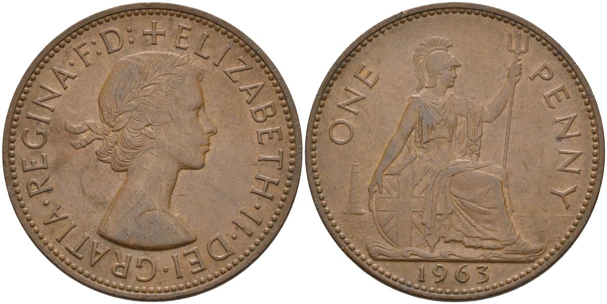Великобритания 1 пенни 1963 Елизавета II (1952-2022) KM 897, Spink 4157 бронза 4149-821
