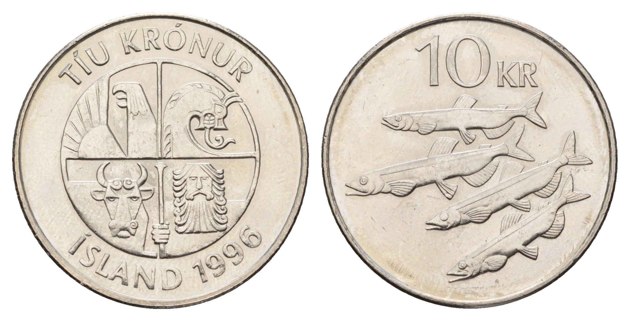 Исландия 10 крон 1996 рыбы KM 29.1a сталь плакированная никелем UNC 4118-1022