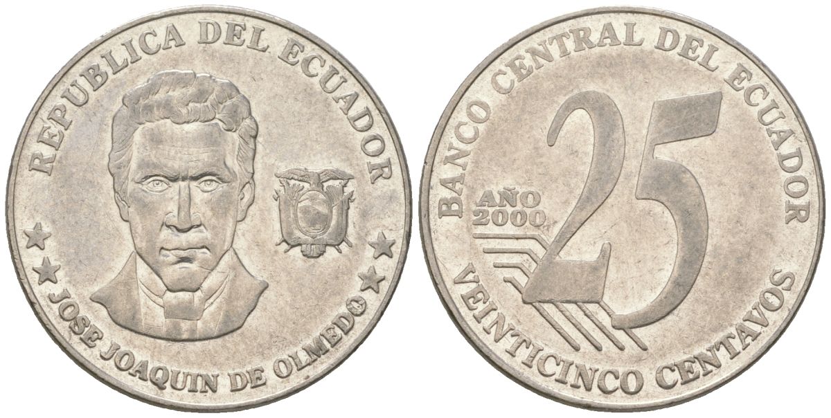 Эквадор 25 сентаво 2000 KM 107 сталь плакированная никелем 4401-1253