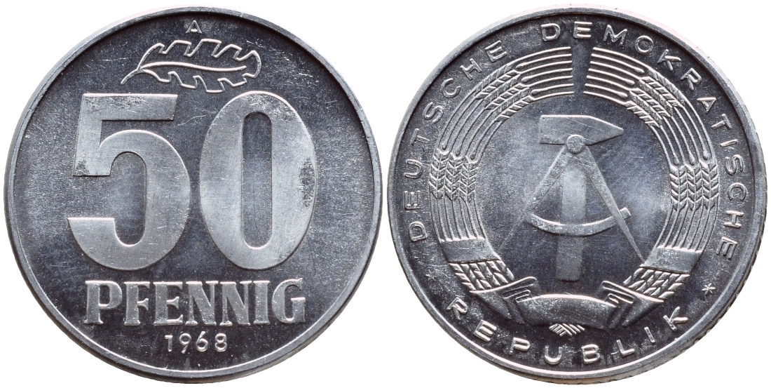 ГДР 50 пфеннигов 1968 А KM 12.2 алюминий UNC 76-1045