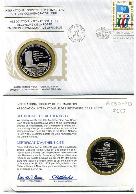 США МЕДАЛЬ С КОВЕРТОМ СПЕЦГАШЕНИЯ И МАРКОЙ 1975 30 ЛЕТ ООН 6290-20