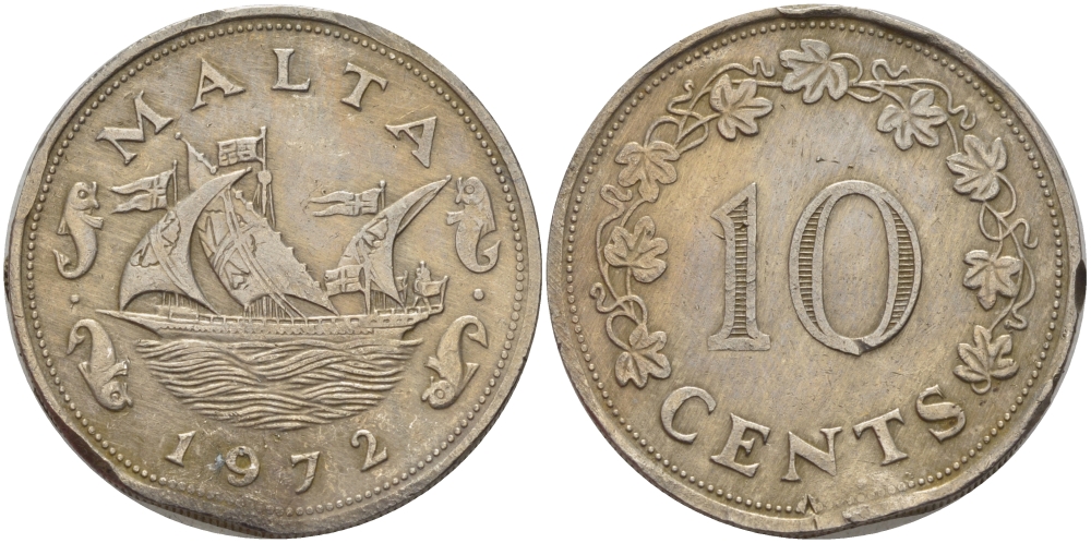 Мальта 10 центов 1972 баржа Великого магистра KM 11 медно-никель 82-513