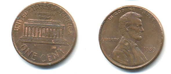 США 1 цент 1989 Линкольн KM 201b цинк плакированный медью 86-245
