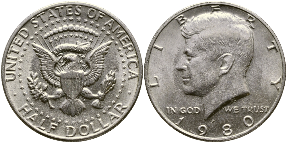 США 1/2 ДОЛЛАРА ( 50 ЦЕНТОВ ) 1980 P, ДЖОН КЕННЕДИ KM А202b медь плакированная медно-никелем 1523-444