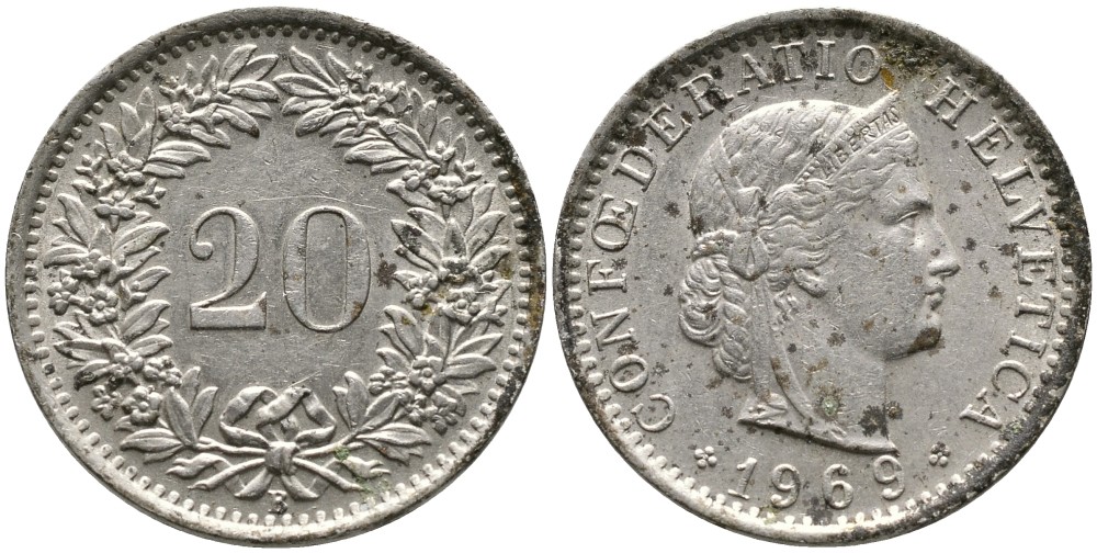 Швейцария 20 раппенов 1969 В KM 29а медно-никель 4539-616