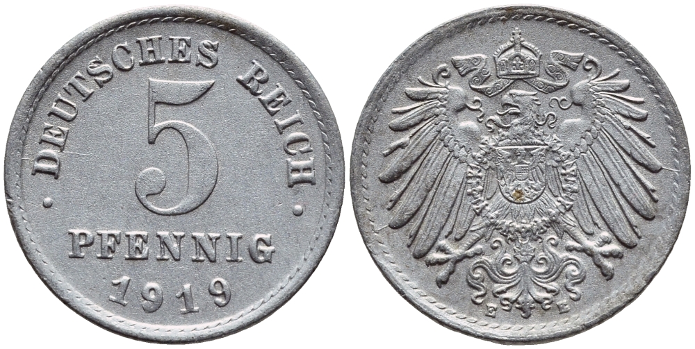 ГЕРМАНИЯ 5 ПФЕННИГОВ 1919 E KM 19, J 297 железо 4396-269