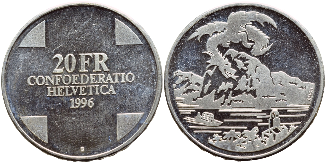 Швейцария 20 франков 1996 В, мифологический дракон KM 77 серебро PROOF 1524-723