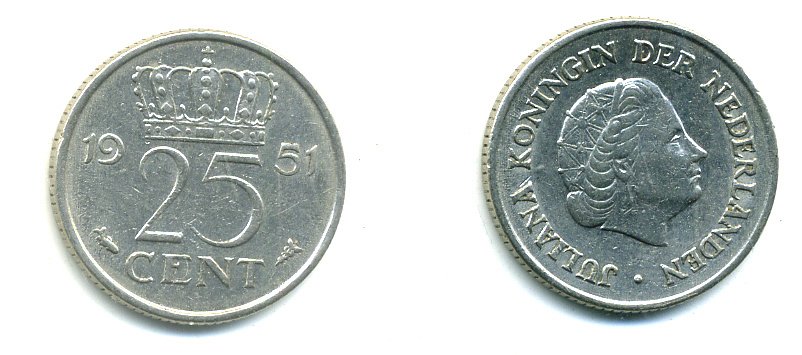 Нидерланды 25 центов 1951 Юлиана (1949-1980) KM 183 никель 76-361