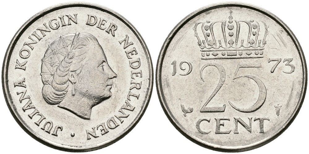 НИДЕРЛАНДЫ 25 ЦЕНТОВ 1973 ЮЛИАНА KM 183 никель 96-234