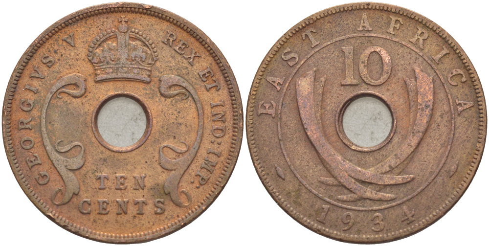 Британская Восточная Африка 10 центов 1934 Георг V (1910-1936) KM 19 бронза 97-1134