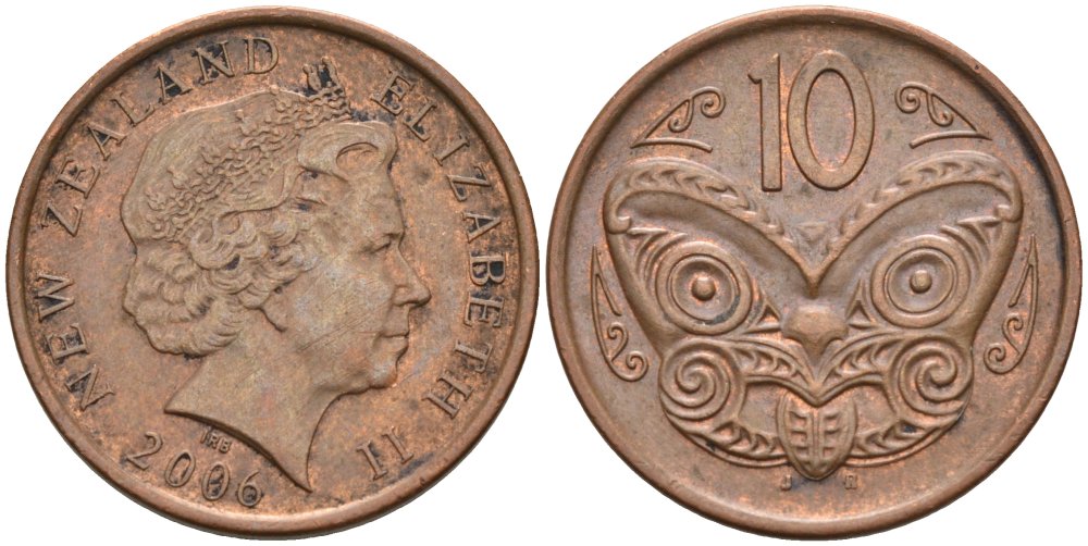 Новая Зеландия 10 центов 2006 маска Маори, Елизавета II (1952-) KM 117а сталь плакированная медью 176-116