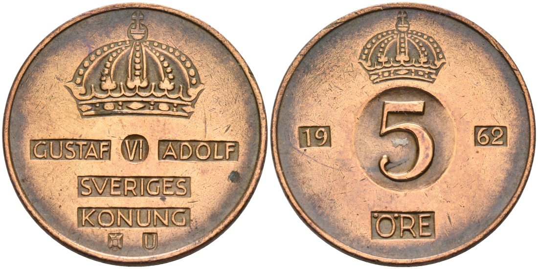 Швеция 5 эре 1962 U, Густав VI Адольф (1950-1973) KM 822 бронза 4571-822