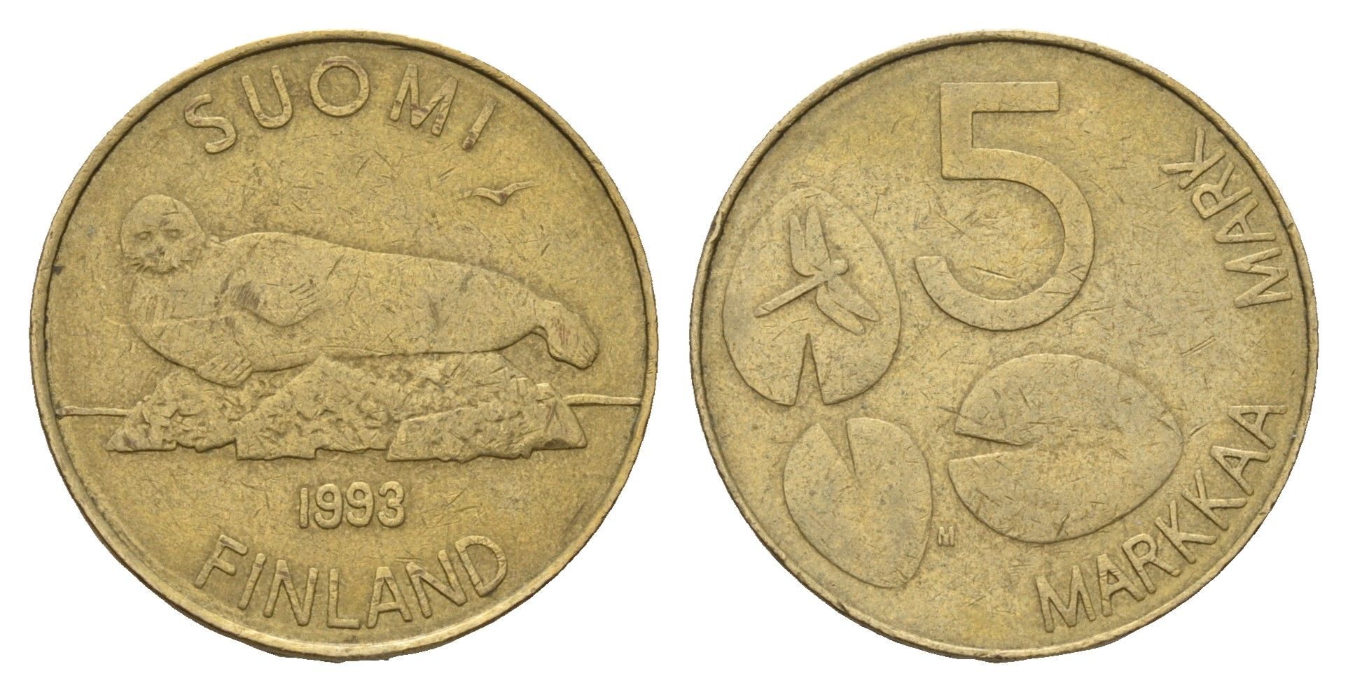 Финляндия 5 марок 1993 KM 73 алюминиевая бронза 3459-837