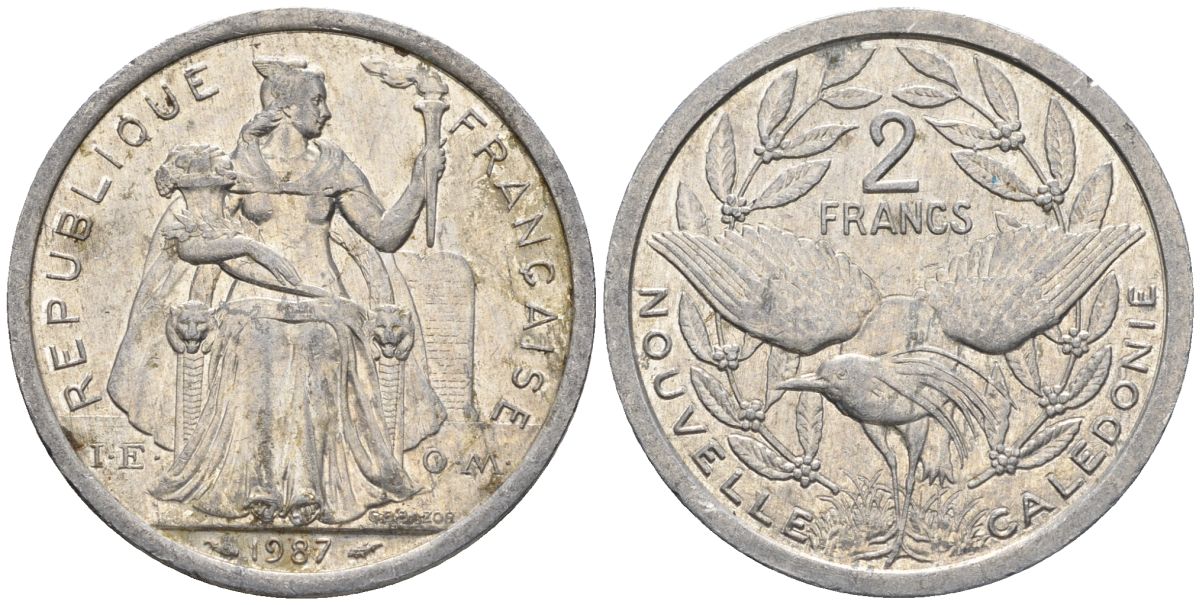 Французская Новая Каледония 2 франка 1987 птица кагу, (IEOM) KM 14, Schoen 11, Lec 64 алюминий    08-1234