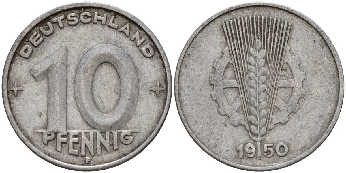 ГДР 10 пфеннигов 1950 E KM 3 алюминий 24-751