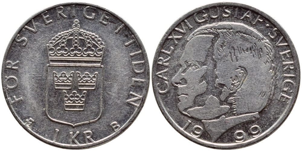 Швеция 1 крона 1999 Карл XVI Густав (1973- ) KM 852a медно-никель 89-557