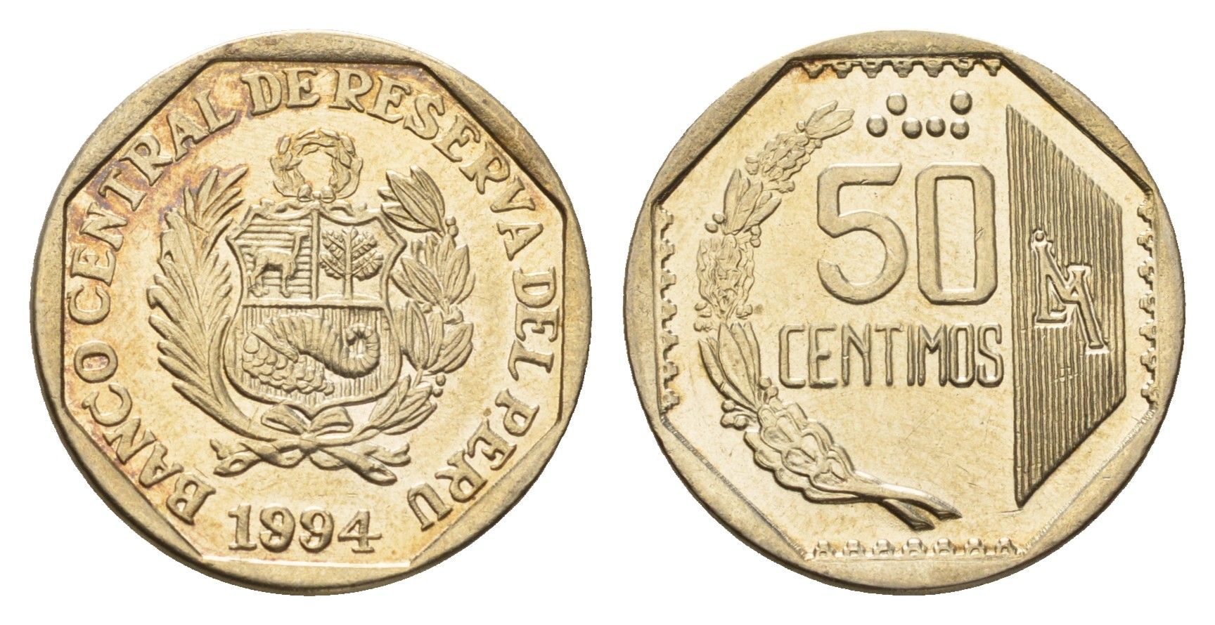 Перу 50 сентимо 1994 KM 307 медно-никель UNC 54-1015