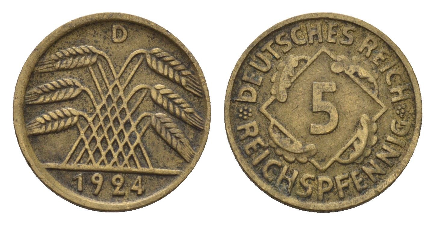 Германия 5 рейхспфеннигов 1924 D KM 39, J. 316 алюминиевая бронза 4651-717