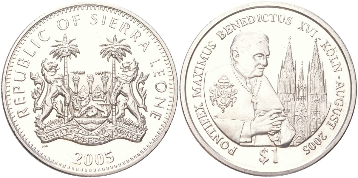 Сьерра-Леоне 1 доллар 2005 Папа Римский Бенедикт XVI посещает Кельн KM 326 медно-никель BU 4368-1231