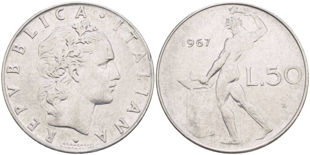 ИТАЛИЯ 50 ЛИР 1967 R, БОГ ОГНЯ ВУЛКАН У НАКОВАЛЬНИ KM 95.1 нержавеющая сталь 4551-347