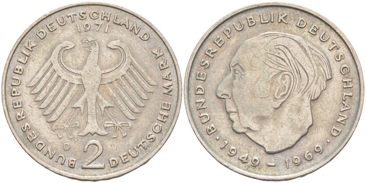 ФРГ 2 марки 1971 D, Теодор Хойс KM 127, J. 407 медно-никель плакированный никелем 4448-726