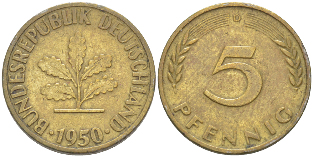 ФРГ 5 ПФЕННИГОВ 1950 D KM 107, J. 382 сталь плакированная латунью 4181-868