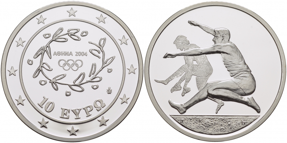 Греция 10 евро 2003 XXVIII летние Олимпийские игры 2004 года в Афинах, прыжки в длину KM 194 серебро PROOF 1081-5-42