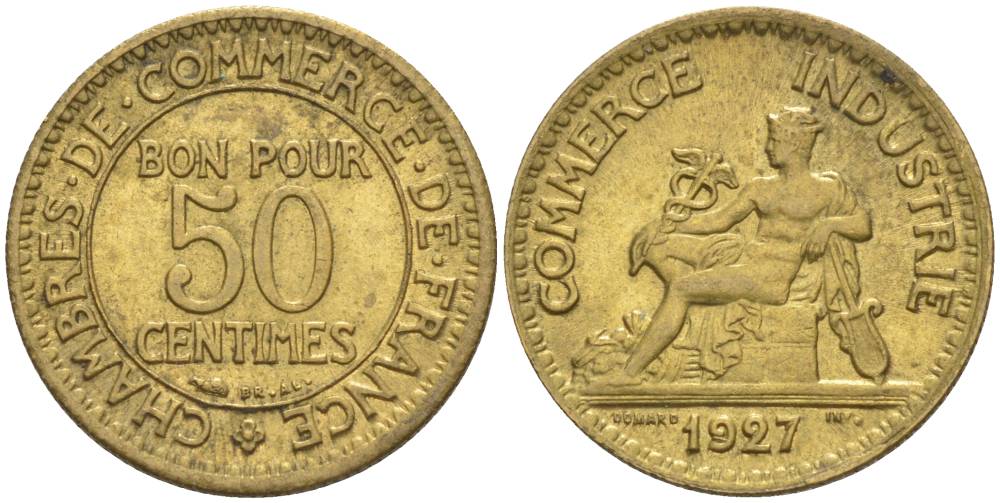 ФРАНЦИЯ 50 САНТИМОВ 1927 ТИП CHAMBRERES DE COMMERCE KM 884, LE FRANC 191.10 алюминиевая бронза 44-354