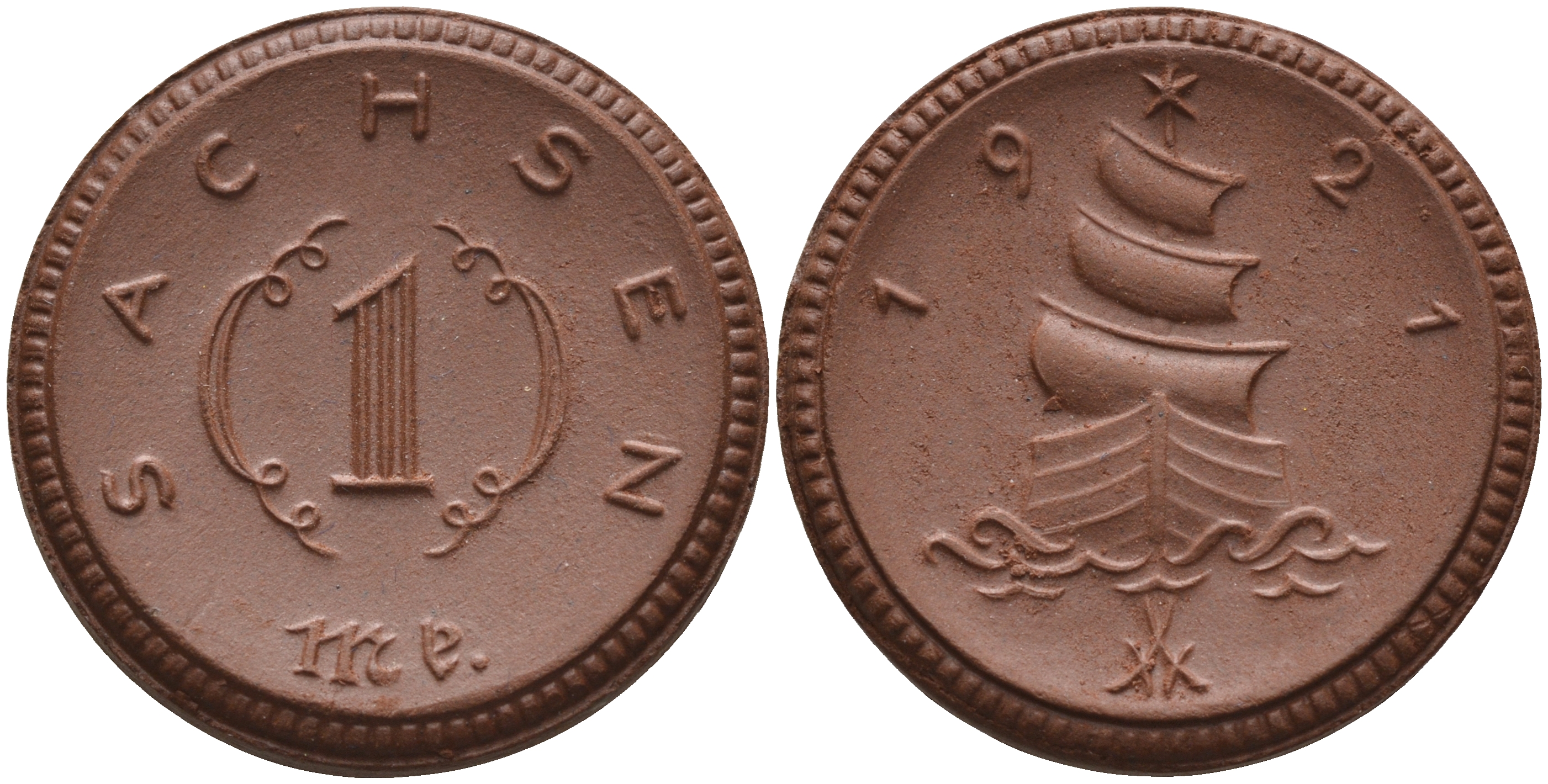 Саксония 1 марка 1921 парусник J. N 55 фарфор 1094-3-33