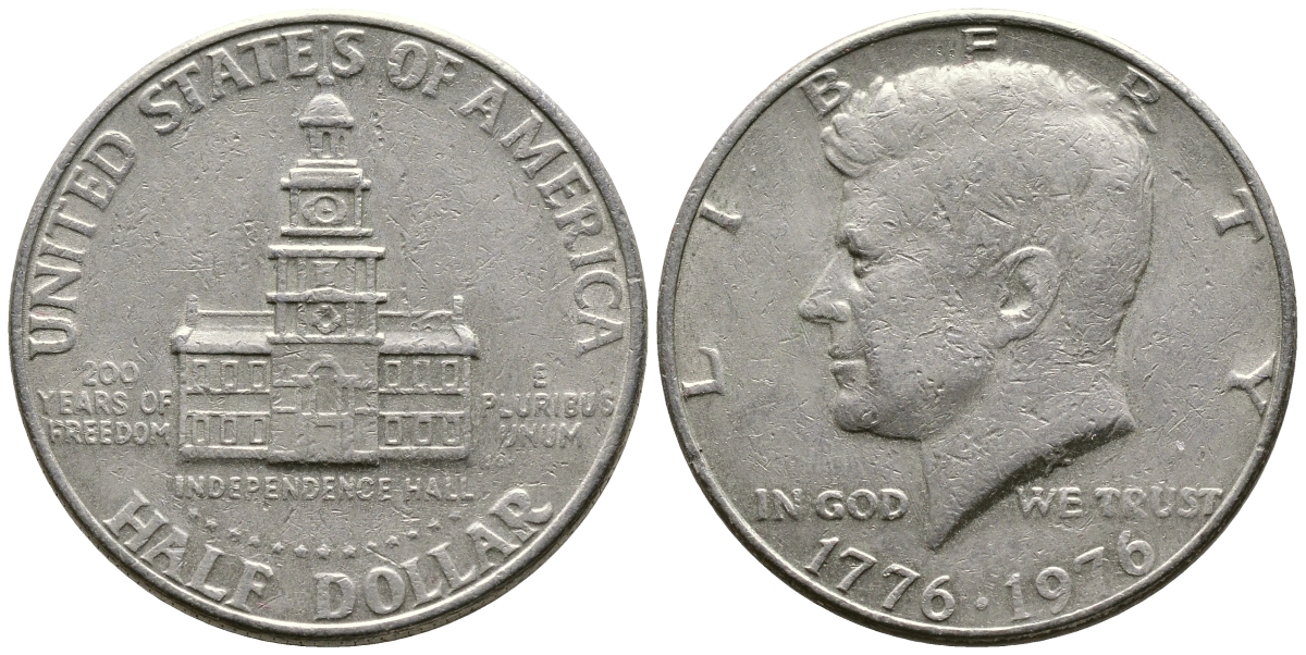 США 50 центов = 1/2 доллара 1976 200 лет независимости, Джон Кеннеди KM 205 медь плакированная медно-никелем 35-232