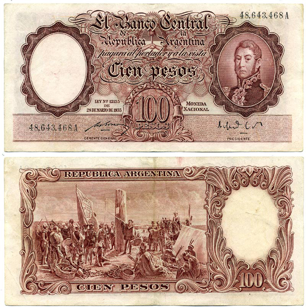 АРГЕНТИНА 100 ПЕСО 1950 СЕРИЯ A, НОМЕР 48643, ГЕНЕРАЛ САН МАРТИН, ЧЁРНАЯ ПОДПИСЬ, ПОДПИСИ JUAN H. BOSIO - ALFREDO GOMEZ MORALES Pick 267s, Bottero 2039 бумага VF 8613-53-2
