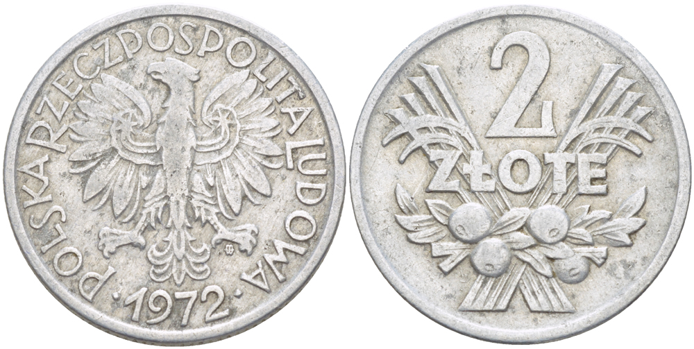 ПОЛЬША 2 ЗЛОТЫХ 1972 MW, РЕДКИЙ ГОД KM 46, Parchimowicz 216f алюминий 4185-1041