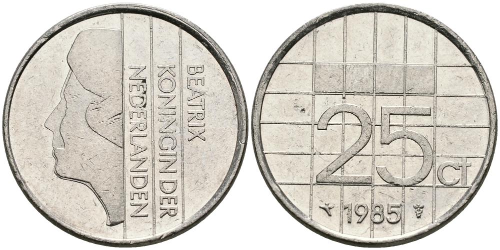 НИДЕРЛАНДЫ 25 ЦЕНТОВ 1985 БЕАТРИКС KM 204 никель 96-311