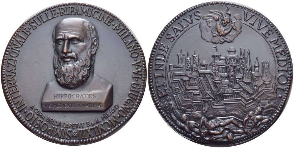 Италия медаль 1963 Международный медицинский симпозиум 5-6 июня 1963 в Милане, Гиппократ (целебная сила природы), диаметр 81 мм, бронза 3-5-2-12